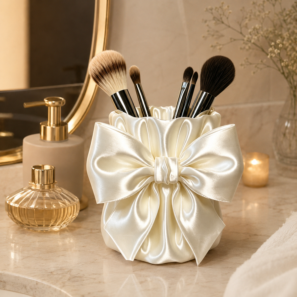 Pearl White Satin Bow Organizer Box
