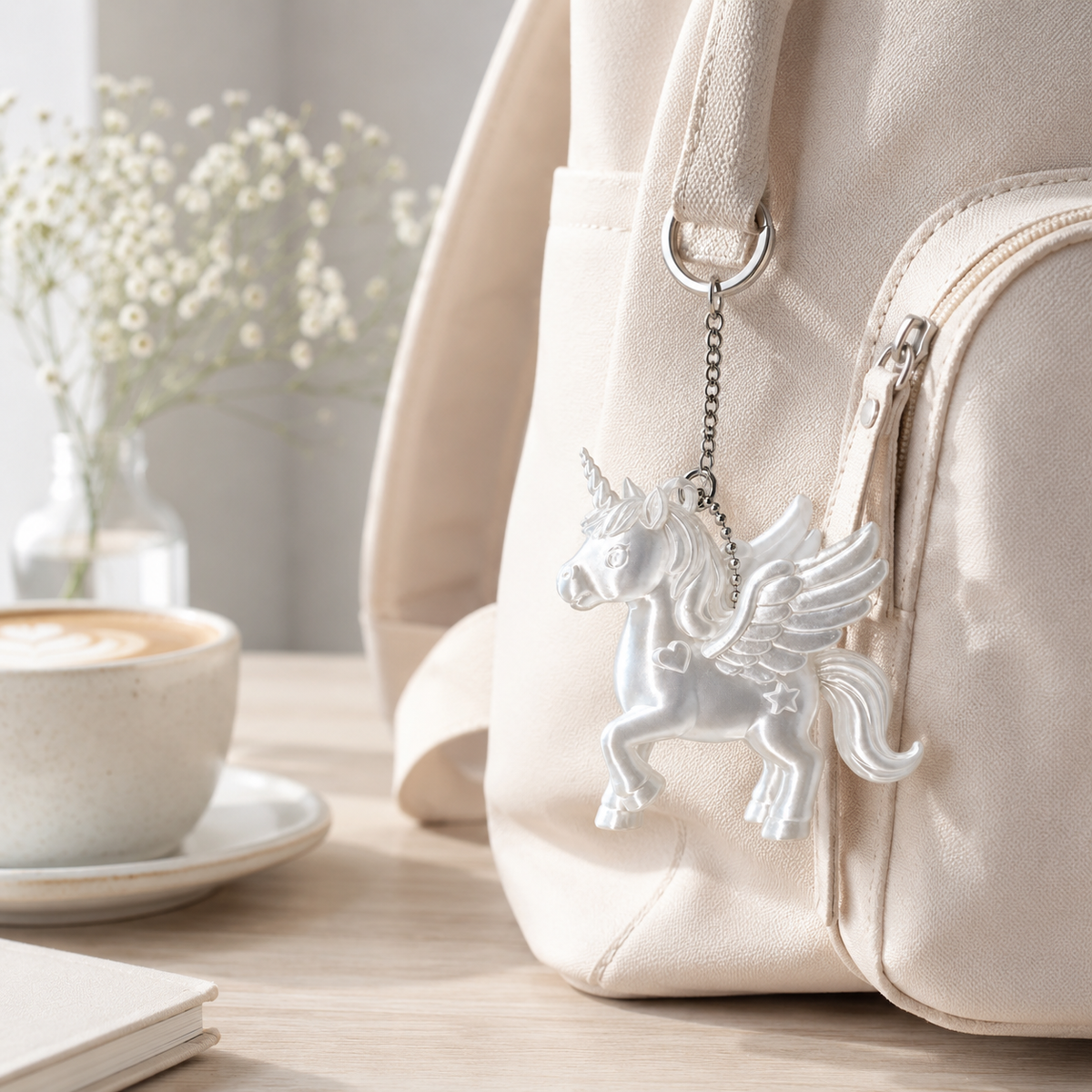 Satin Pearl White Unicorn Horse Keychain Charm