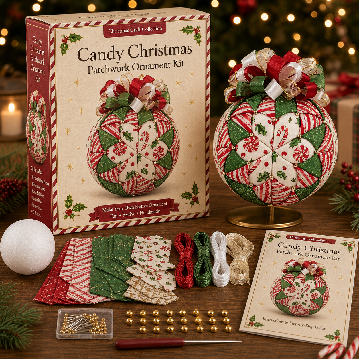 🍬 Candy Cane Patchwork Bauble Kit