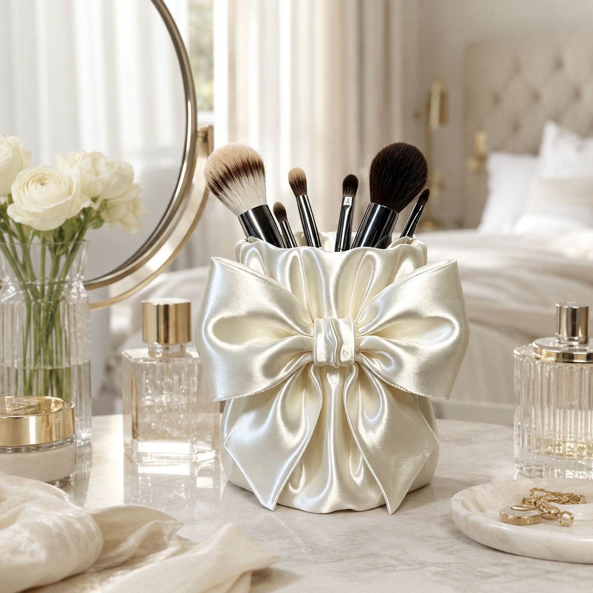 Pearl White Satin Bow Organizer Box