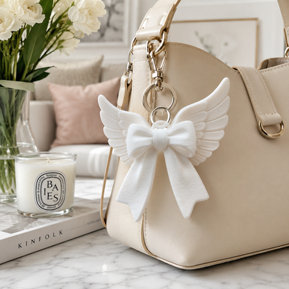 Warm White Angel Wing Bow Keychain Bag Charm